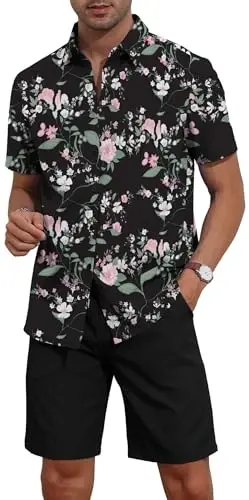 YTD Men's 2 Piece Outfits Tropical Print Short Sleeve Button Down Hawaiian Shirt and Beach Shorts Set - 3