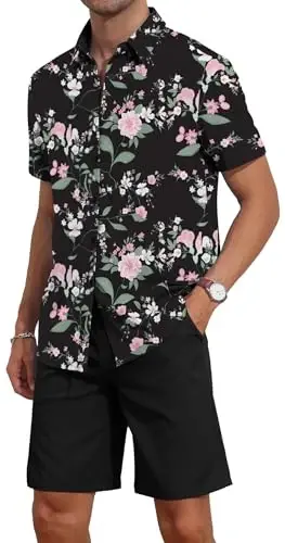 YTD Men's 2 Piece Outfits Tropical Print Short Sleeve Button Down Hawaiian Shirt and Beach Shorts Set - 4