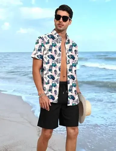 YTD Men's 2 Piece Outfits Tropical Print Short Sleeve Button Down Hawaiian Shirt and Beach Shorts Set - 2