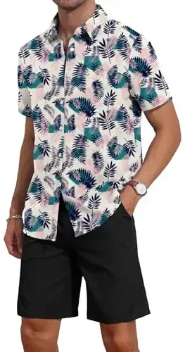 YTD Men's 2 Piece Outfits Tropical Print Short Sleeve Button Down Hawaiian Shirt and Beach Shorts Set - 4