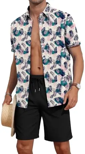 YTD Men's 2 Piece Outfits Tropical Print Short Sleeve Button Down Hawaiian Shirt and Beach Shorts Set - 1