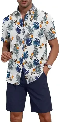 YTD Men's 2 Piece Outfits Tropical Print Short Sleeve Button Down Hawaiian Shirt and Beach Shorts Set - 3