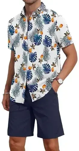 YTD Men's 2 Piece Outfits Tropical Print Short Sleeve Button Down Hawaiian Shirt and Beach Shorts Set - 4