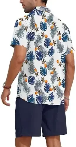 YTD Men's 2 Piece Outfits Tropical Print Short Sleeve Button Down Hawaiian Shirt and Beach Shorts Set - 5
