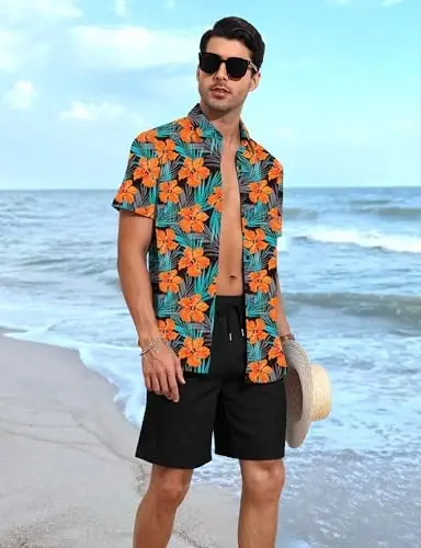 YTD Men's 2 Piece Outfits Tropical Print Short Sleeve Button Down Hawaiian Shirt and Beach Shorts Set - 2