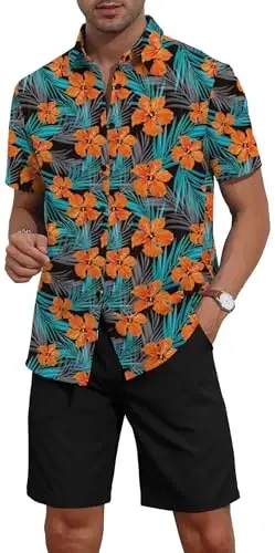 YTD Men's 2 Piece Outfits Tropical Print Short Sleeve Button Down Hawaiian Shirt and Beach Shorts Set - 3
