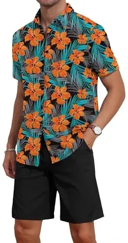 YTD Men's 2 Piece Outfits Tropical Print Short Sleeve Button Down Hawaiian Shirt and Beach Shorts Set - 4