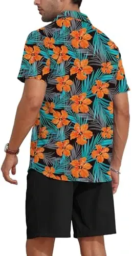 YTD Men's 2 Piece Outfits Tropical Print Short Sleeve Button Down Hawaiian Shirt and Beach Shorts Set - 5