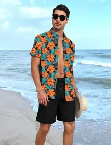 YTD Men's 2 Piece Outfits Tropical Print Short Sleeve Button Down Hawaiian Shirt and Beach Shorts Set - 2