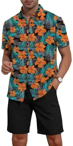 YTD Men's 2 Piece Outfits Tropical Print Short Sleeve Button Down Hawaiian Shirt and Beach Shorts Set - 3