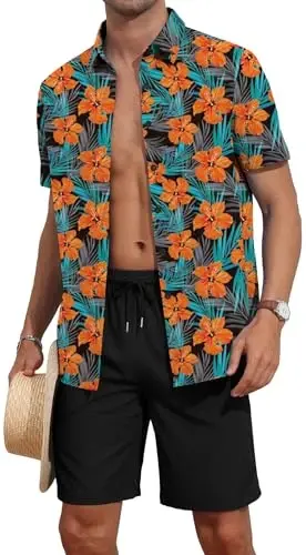 YTD Men's 2 Piece Outfits Tropical Print Short Sleeve Button Down Hawaiian Shirt and Beach Shorts Set - YTD