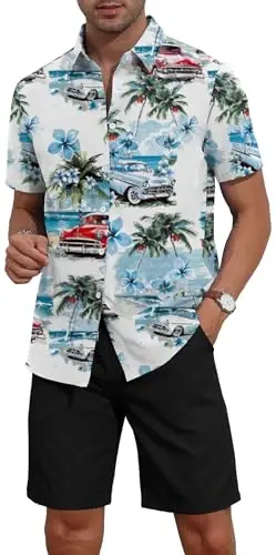 YTD Men's 2 Piece Outfits Tropical Print Short Sleeve Button Down Hawaiian Shirt and Beach Shorts Set - 3