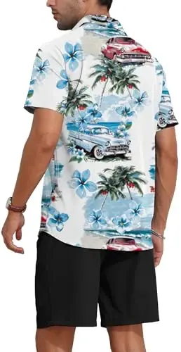 YTD Men's 2 Piece Outfits Tropical Print Short Sleeve Button Down Hawaiian Shirt and Beach Shorts Set - 5
