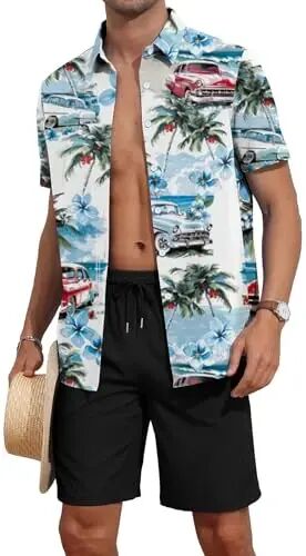 YTD Men's 2 Piece Outfits Tropical Print Short Sleeve Button Down Hawaiian Shirt and Beach Shorts Set - YTD