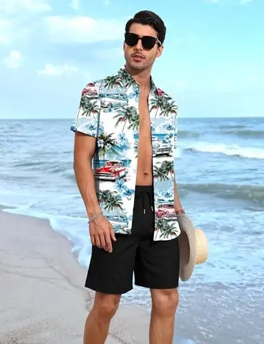 YTD Men's 2 Piece Outfits Tropical Print Short Sleeve Button Down Hawaiian Shirt and Beach Shorts Set - YTD (1)