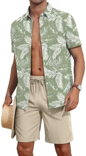 YTD Men's 2 Piece Outfits Tropical Print Short Sleeve Button Down Hawaiian Shirt and Beach Shorts Set 