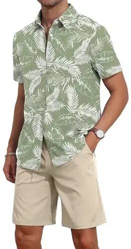 YTD Men's 2 Piece Outfits Tropical Print Short Sleeve Button Down Hawaiian Shirt and Beach Shorts Set - 4