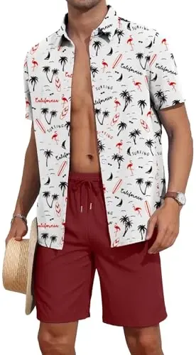 YTD Men's 2 Piece Outfits Tropical Print Short Sleeve Button Down Hawaiian Shirt and Beach Shorts Set 