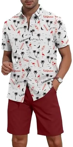 YTD Men's 2 Piece Outfits Tropical Print Short Sleeve Button Down Hawaiian Shirt and Beach Shorts Set - 3