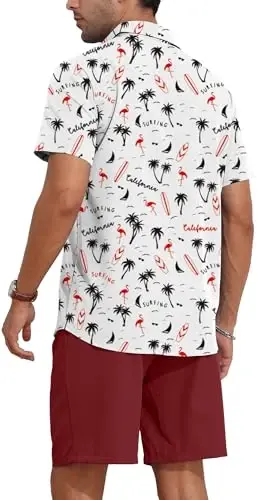 YTD Men's 2 Piece Outfits Tropical Print Short Sleeve Button Down Hawaiian Shirt and Beach Shorts Set - 5