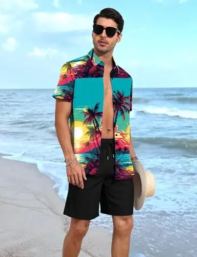 YTD Men's 2 Piece Outfits Tropical Print Hawaiian Shirt & Shorts Set | Short Sleeve, Button Down, Beach Shorts - YTD (1)