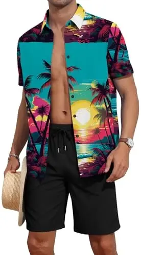 YTD Men's 2 Piece Outfits Tropical Print Short Sleeve Button Down Hawaiian Shirt and Beach Shorts Set - 1