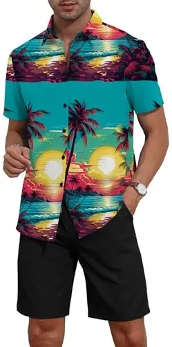 YTD Men's 2 Piece Outfits Tropical Print Short Sleeve Button Down Hawaiian Shirt and Beach Shorts Set - 3