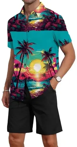 YTD Men's 2 Piece Outfits Tropical Print Short Sleeve Button Down Hawaiian Shirt and Beach Shorts Set - 4