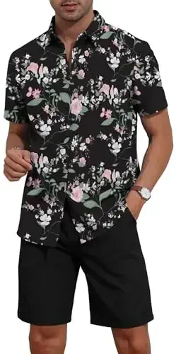 YTD Men's 2 Piece Outfits Tropical Print Short Sleeve Button Down Hawaiian Shirt and Beach Shorts Set - 3