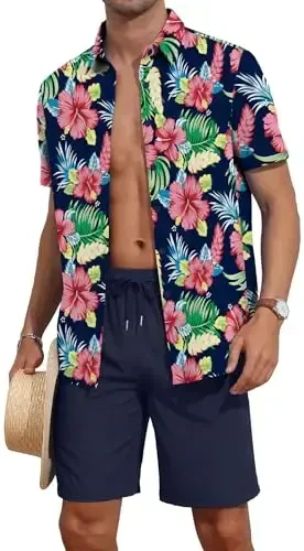 YTD Men's 2 Piece Outfits Tropical Print Short Sleeve Button Down Hawaiian Shirt and Beach Shorts Set - 1