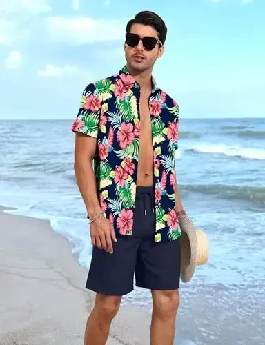 YTD Men's 2 Piece Outfits Tropical Print Short Sleeve Button Down Hawaiian Shirt and Beach Shorts Set - 2