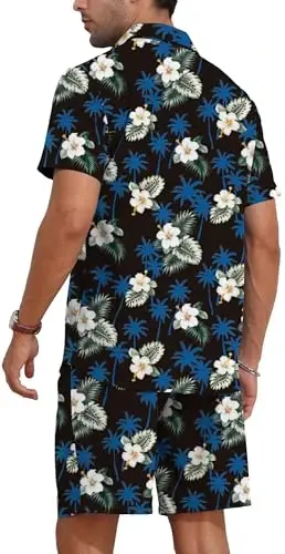 YTD Mens Flower Hawaiian 2 Piece Outfit Sets Short Sleeve Beach Casual Button Down Shirt and Shorts Suits - 4