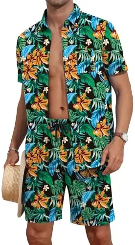YTD Mens Flower Hawaiian 2 Piece Outfit Sets Short Sleeve Beach Casual Button Down Shirt and Shorts Suits - YTD