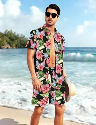 YTD Mens Flower Hawaiian 2 Piece Outfit Sets Short Sleeve Beach Casual Button Down Shirt and Shorts Suits - MODAZONE (1)