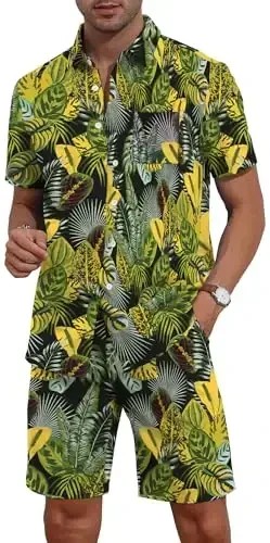 YTD Mens Flower Hawaiian 2 Piece Outfit Sets Short Sleeve Beach Casual Button Down Shirt and Shorts Suits - 3
