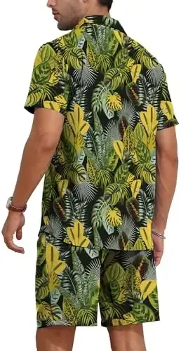 YTD Mens Flower Hawaiian 2 Piece Outfit Sets Short Sleeve Beach Casual Button Down Shirt and Shorts Suits - 4