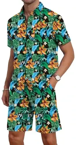 YTD Mens Flower Hawaiian 2 Piece Outfit Sets Short Sleeve Beach Casual Button Down Shirt and Shorts Suits - 2