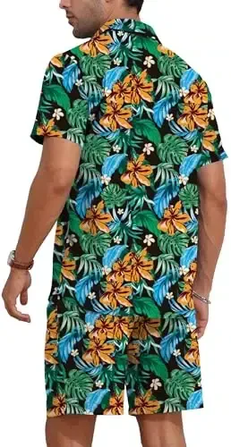 YTD Mens Flower Hawaiian 2 Piece Outfit Sets Short Sleeve Beach Casual Button Down Shirt and Shorts Suits - 4