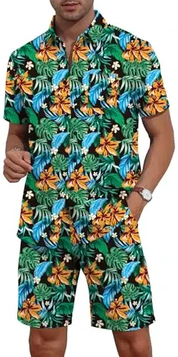 YTD Mens Flower Hawaiian 2 Piece Outfit Sets Short Sleeve Beach Casual Button Down Shirt and Shorts Suits - 3