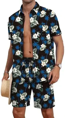 YTD Mens Flower Hawaiian 2 Piece Outfit Sets Short Sleeve Beach Casual Button Down Shirt and Shorts Suits - 1