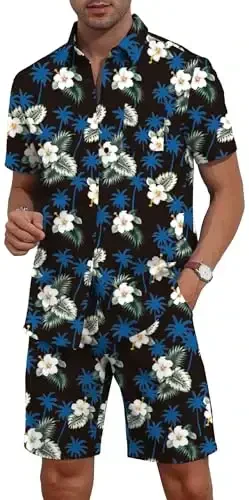 YTD Mens Flower Hawaiian 2 Piece Outfit Sets Short Sleeve Beach Casual Button Down Shirt and Shorts Suits - 3