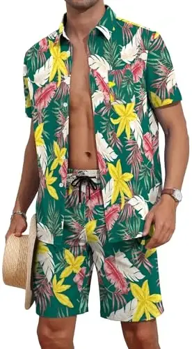 YTD Erkek Çiçekli Hawaii 2'li Kıyafet Setleri Kısa Kollu Plaj Gündelik Düğmeli Gömlek ve Şort Takımları - 6