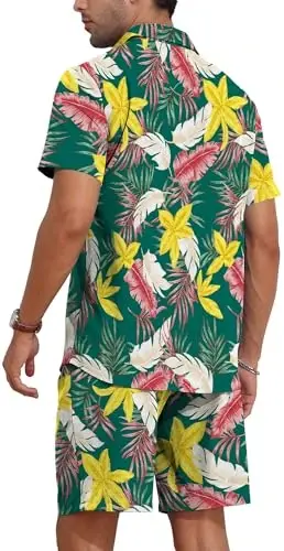 YTD Erkek Çiçekli Hawaii 2'li Kıyafet Setleri Kısa Kollu Plaj Gündelik Düğmeli Gömlek ve Şort Takımları - 9