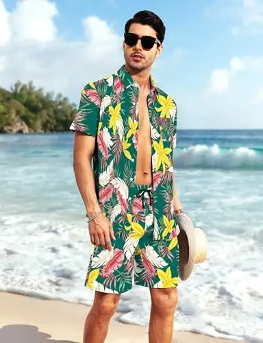 YTD Erkek Çiçekli Hawaii 2'li Kıyafet Setleri Kısa Kollu Plaj Gündelik Düğmeli Gömlek ve Şort Takımları - 10