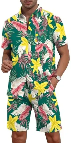 YTD Erkek Çiçekli Hawaii 2'li Kıyafet Setleri Kısa Kollu Plaj Gündelik Düğmeli Gömlek ve Şort Takımları - 3