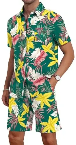 YTD Mens Flower Hawaiian 2 Piece Outfit Sets Short Sleeve Beach Casual Button Down Shirt and Shorts Suits - 2