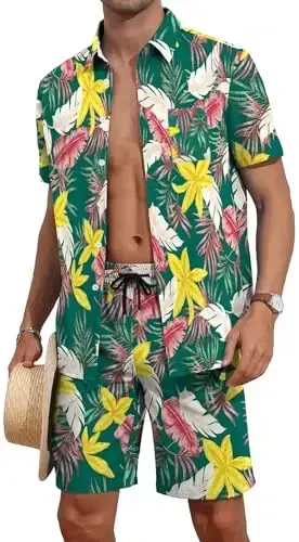 YTD Mens Flower Hawaiian 2 Piece Outfit Sets Short Sleeve Beach Casual Button Down Shirt and Shorts Suits - 1