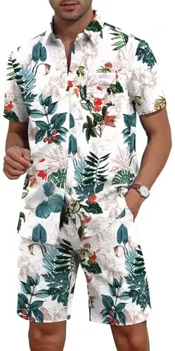 YTD Mens Flower Hawaiian 2 Piece Outfit Sets Short Sleeve Beach Casual Button Down Shirt and Shorts Suits - 3