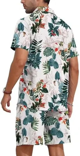 YTD Mens Flower Hawaiian 2 Piece Outfit Sets Short Sleeve Beach Casual Button Down Shirt and Shorts Suits - 5