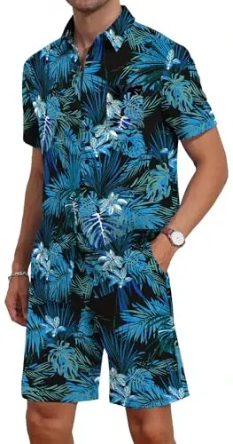 YTD Mens Flower Hawaiian 2 Piece Outfit Sets Short Sleeve Beach Casual Button Down Shirt and Shorts Suits - 2